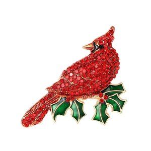 Cardinal Bird Brooch Pin With Red Crystals Enamel Holly Leaf Gold Tone